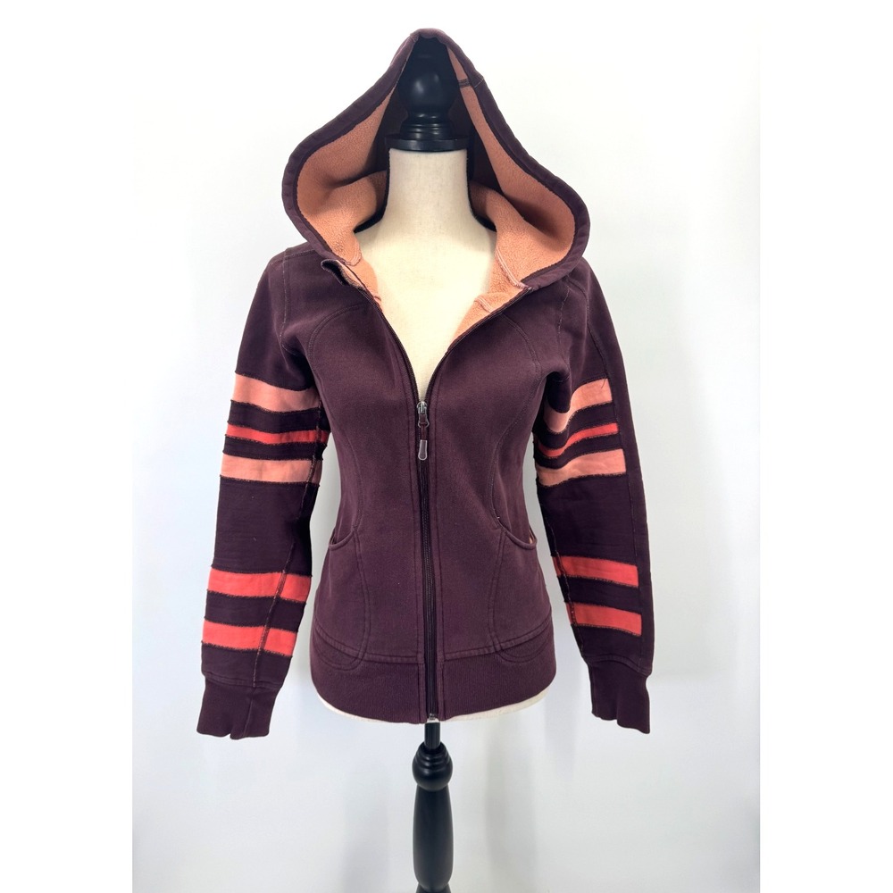 VTG Lululemon Full Zip Scuba Sweatshirt Plum Peach Pink Striped Sleeve L Hooded